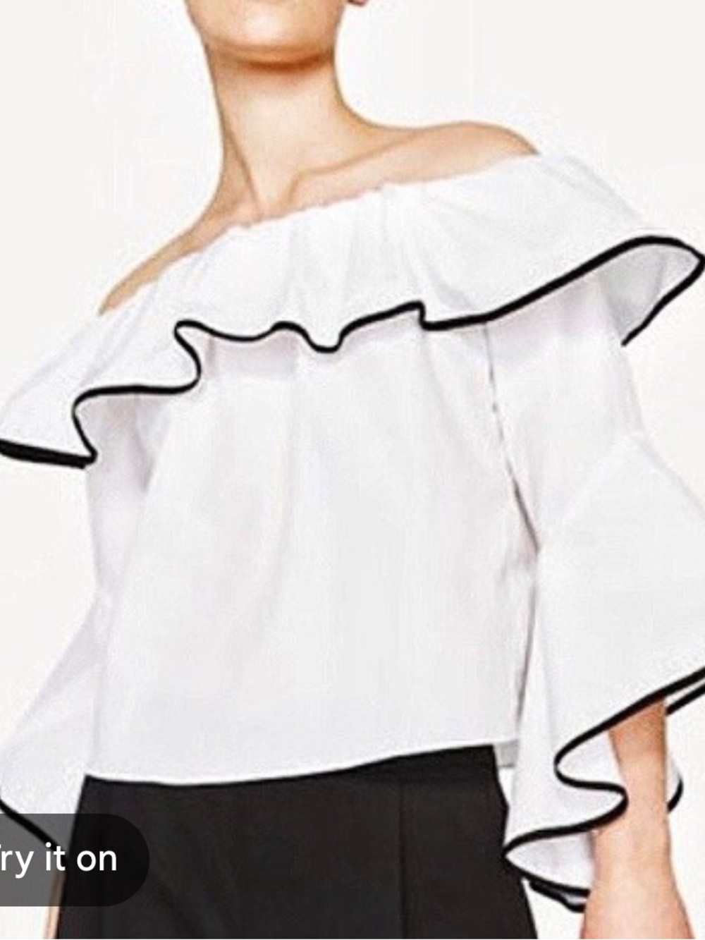 ZARA White Off-Shoulder Ruffle Top with Black accents bell sleeve size M guc